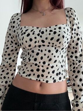 Square-Neck Polka Dot Long Sleeve Blouse - White/Black